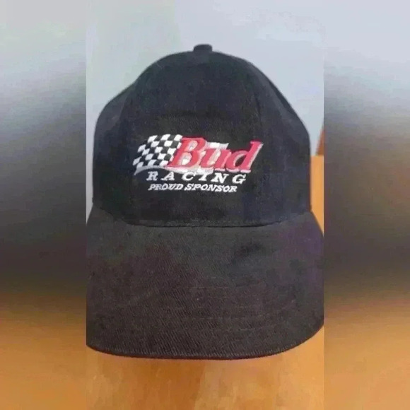 Bud  Racing Vintage 90s Strapback Cap Hat Budweiser Beer Black Baseball - Picture 2 of 8